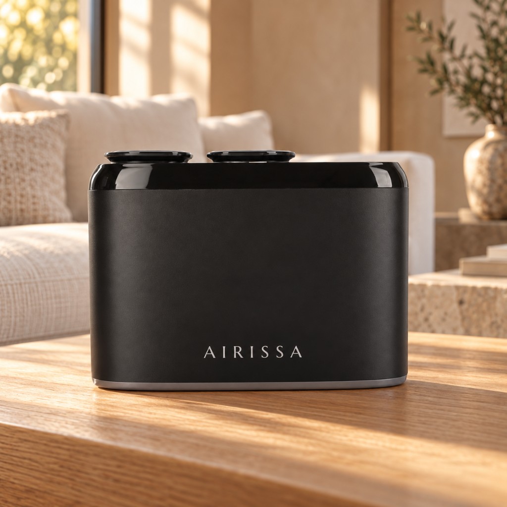 Black Airissa diffuser in a warm living room