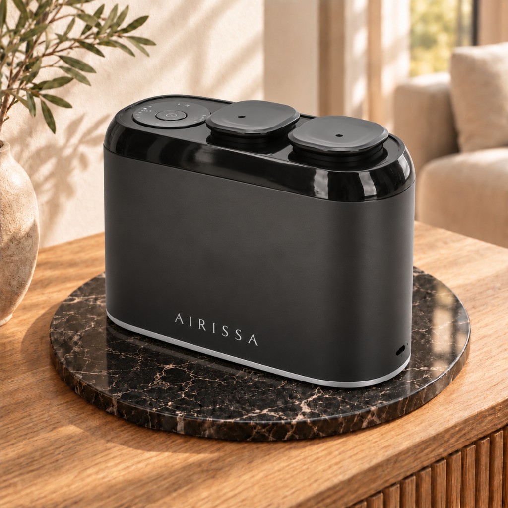 Black Airissa diffuser on a marble tray